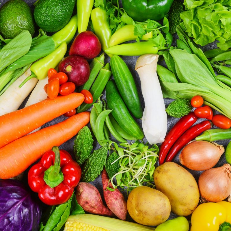 Mixed vegetables and fruits background healthy food clean eating for health / Assorted fresh ripe fruit red yellow purple and green vegetables market harvesting agricultural products